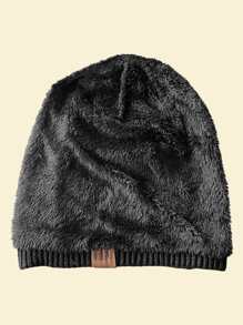 JZML Men Letter Label Decor Plush Lined Slouchy Beanie Casual Fall Outfit,Summer,Beach,Holiday,Festival,Travel - Black - View 4