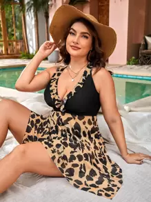 Swim Lushoire 大碼豹紋印花拼接網紗坦基尼套裝褶邊手帕下擺泳衣洋裝和高腰下裝2入組泳衣