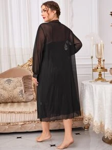 Plus Contrast Lace Tie Front Mesh Robe & Cami Dress PJ Set - Black - View 3