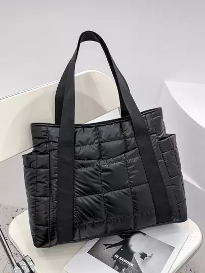 Chaqueta de algodón bordada de nailon minimalista negro, combinada con un bolso de trabajo impermeable, multiusos y multipropósito para mujeres, adecuado para compras diarias, clases de estudiantes, tutoría y uso escolar, también se puede usar como bolsa de papelería o mochila, muy adecuado para transportar libros, ir de compras, volver a la escuela y otros propósitos.