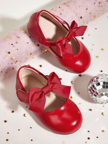 Girls Bow Decor Mary Jane Flats - Red - View 1