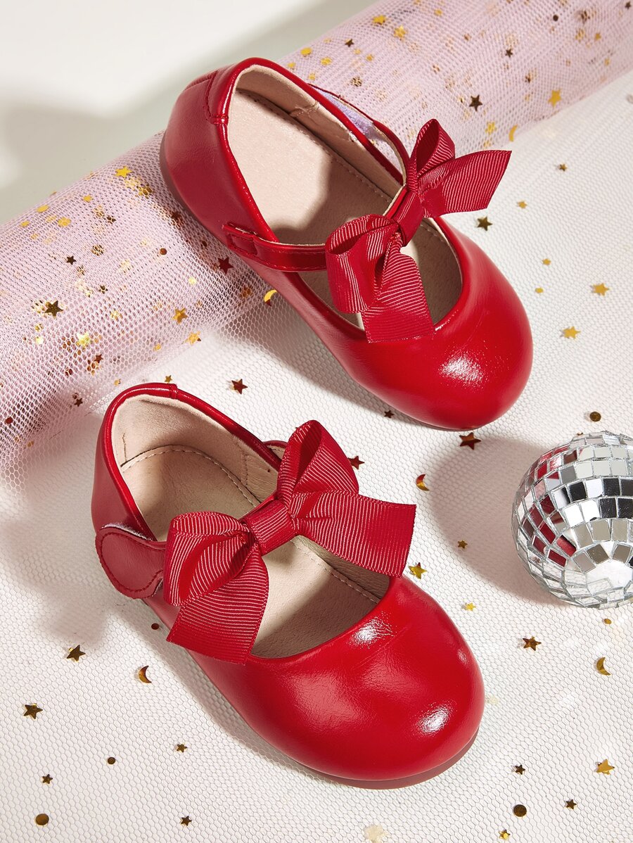 Girls Bow Decor Mary Jane Flats - Red - View 1