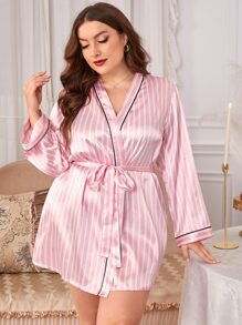 Bata de rayas unido en contraste con cinturón de satén - Rosa Pálido - Ver 3