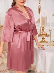 de satén ribete en forma de lechuga de espalda abierta Vestido lencero & Bata con cinturón - Rosa vieja - Ver 6