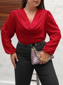 SHEIN Privé Plus Solid Draped Front Blouse - Burgundy - View 1