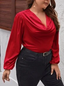 SHEIN Privé Plus Solid Draped Front Blouse - Burgundy - View 3