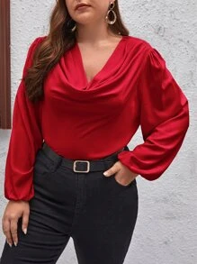 SHEIN Privé Plus Solid Draped Front Blouse - Burgundy - View 4