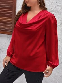 SHEIN Privé Plus Solid Draped Front Blouse - Burgundy - View 5