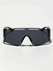 1 par de gafas de moda con diseño sin montura sólido negro, hueco y futurista estilo cyberpunk (incluye correa para gafas, sin estuche de gafas) para verano, playa, vacaciones, al aire libre, viaje - Negro - Ver 3