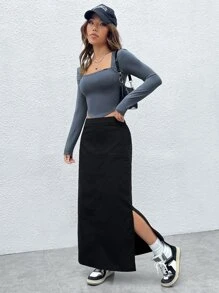 SHEIN EZwear Áo thun nữ Cao thấp Đắp vá màu trơn Giải trí - Xám - Xem 7