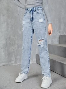 SHEIN Teen Girls Slant Pocket Ripped Jeans - Light Wash - View 3