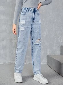 SHEIN Teen Girls Slant Pocket Ripped Jeans - Light Wash - View 5
