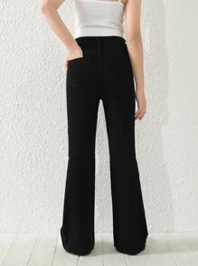 SHEIN Explorewe Tween Girl 全新休闲时尚洗水牛仔喇叭裤 - 黑色 - 查看 2