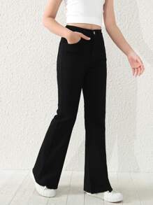 SHEIN Explorewe Tween Girl 全新休闲时尚洗水牛仔喇叭裤 - 黑色 - 查看 3