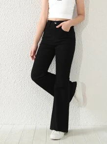 SHEIN Explorewe Tween Girl 全新休闲时尚洗水牛仔喇叭裤 - 黑色 - 查看 4