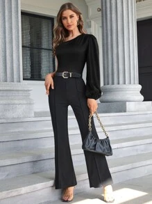 SHEIN BAE Áo sơ mi nữ màu trơn Thanh lịch - màu đen - Xem 5