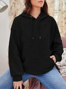 SHEIN EZwear Plus Size Kangaroo Pocket Drawstring Sweatshirt - Black - View 1