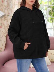 SHEIN EZwear Plus Size Kangaroo Pocket Drawstring Sweatshirt - Black - View 3