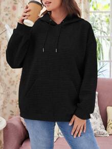 SHEIN EZwear Plus Size Kangaroo Pocket Drawstring Sweatshirt - Black - View 5