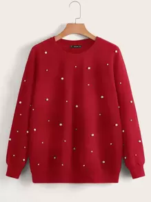 SHEIN LUNE Plus Drop Shoulder Pearl Beaded Pullover - Red - View 1