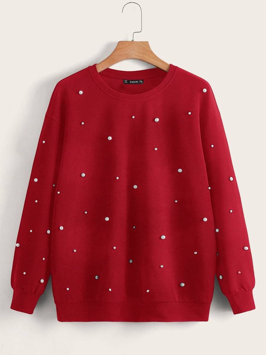SHEIN LUNE Plus Drop Shoulder Pearl Beaded Pullover - Red - View 1