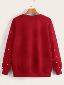 SHEIN LUNE Plus Drop Shoulder Pearl Beaded Pullover - Red - View 2