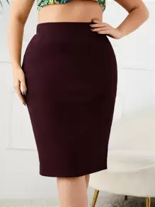 SHEIN Privé Plus High Waist Slit Back Skirt Spring To Summer - Maroon - View 4