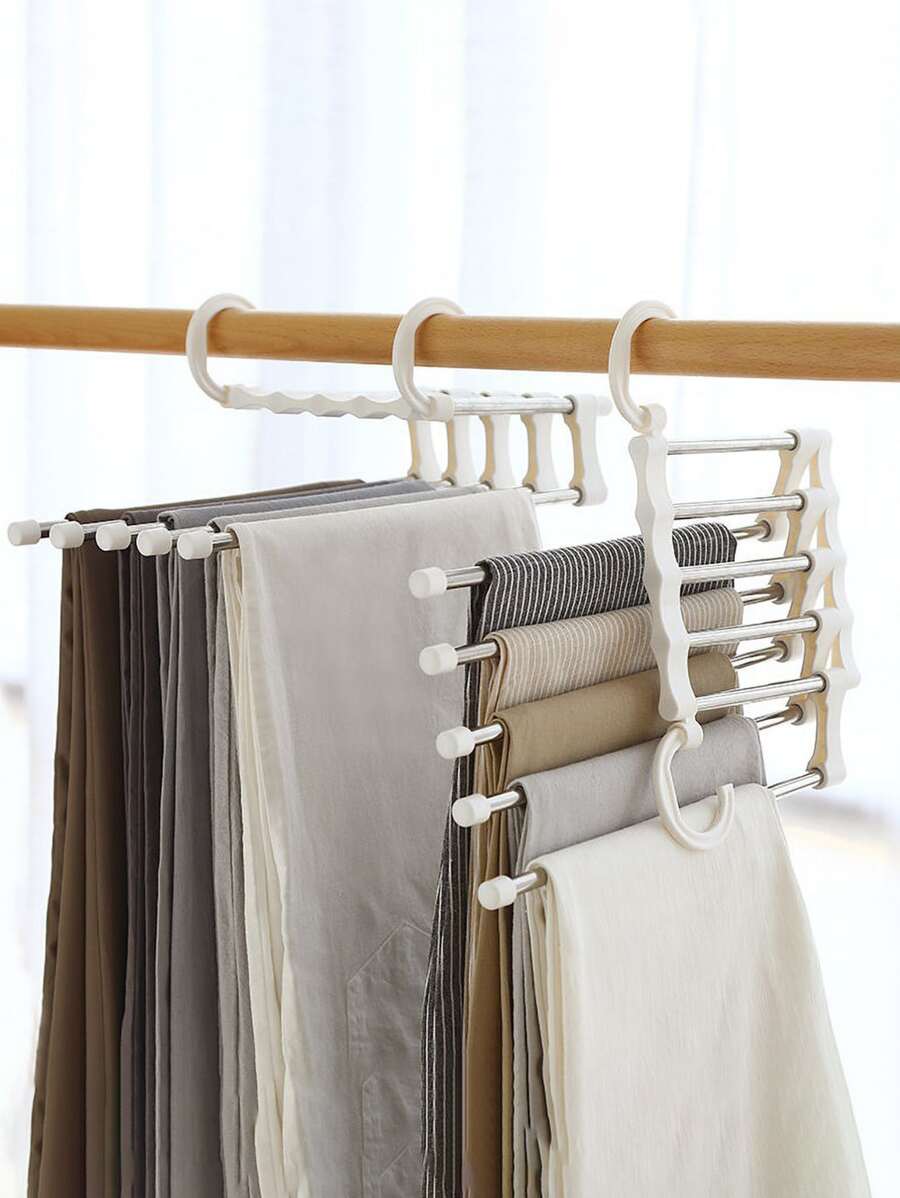 1pc 5 In 1 Multifunction Stainless Steel Pants Hanger,Stainless Steel Pants Hanger, Folding Storage Rack Trousers Hanger - White - View 1