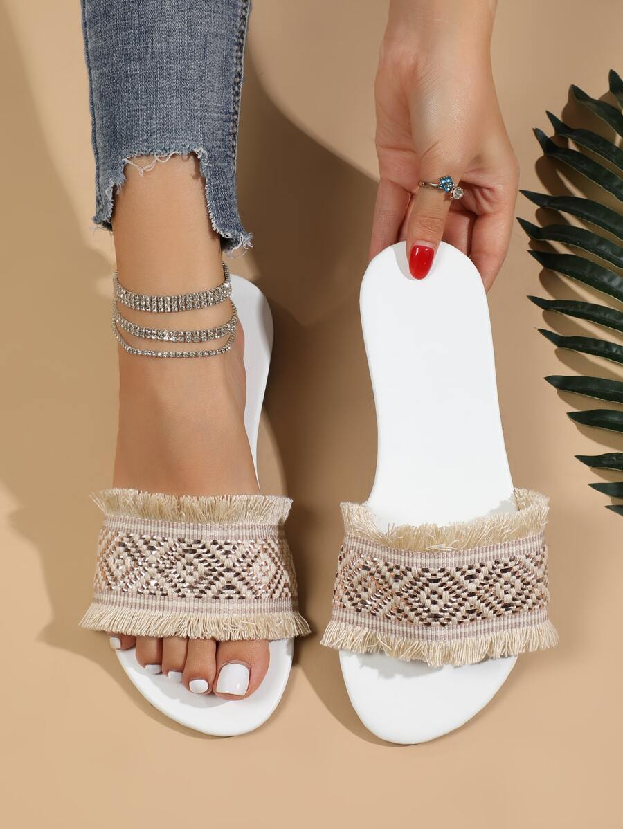 Metallic Weave Detail Raw Trim Slide Sandals - Multicolor - View 1