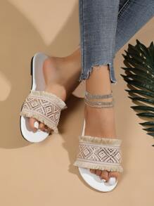 Metallic Weave Detail Raw Trim Slide Sandals - Multicolor - View 2