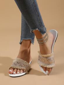 Metallic Weave Detail Raw Trim Slide Sandals - Multicolor - View 3