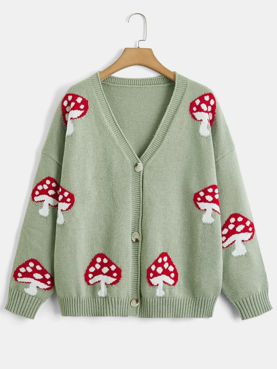 SHEIN EZwear Plus Mushroom Pattern Drop Shoulder Cardigan, For Winter - Mint Green - View 1