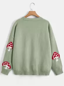 SHEIN EZwear Plus Mushroom Pattern Drop Shoulder Cardigan, For Winter - Mint Green - View 2