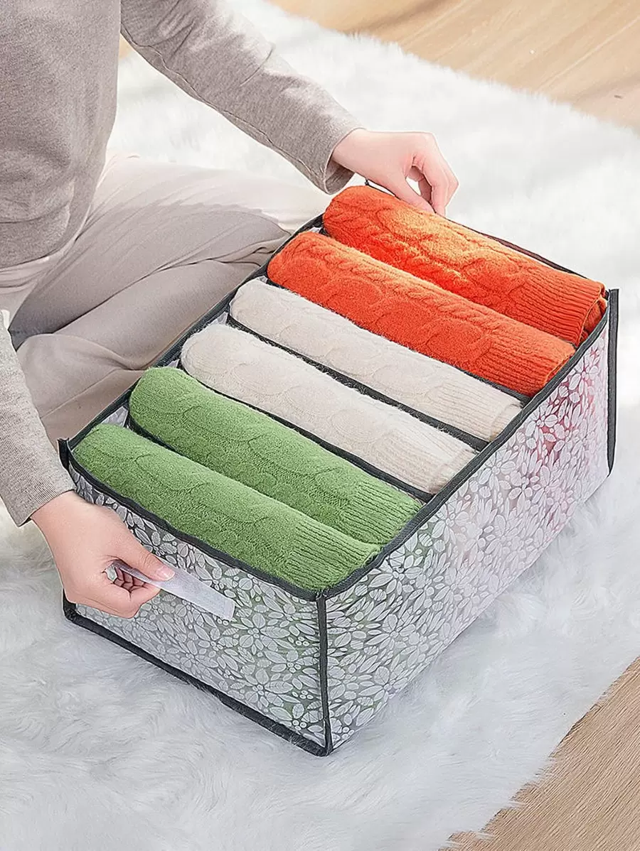 1pc Floral Pattern Clothes Storage Box, Multifunction Pants Storage Box For Home - Grey - View 1