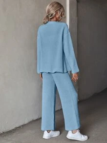SHEIN Essnce Cárdigan de hombros caídos & Pantalones tejido de canalé - Neblina azul - Ver 2