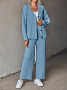 SHEIN Essnce Cárdigan de hombros caídos & Pantalones tejido de canalé - Neblina azul - Ver 4