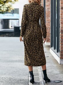Vestido camisero con estampado de leopardo con botón delantero - Marrón - Ver 2