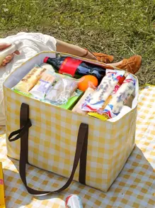 1pc High Capacity Non-woven Fabric Lunch Bag,Boho Gingham Portable Reusable Lunch Bag For Office Work School Picnic Beach - Yellow - View 1