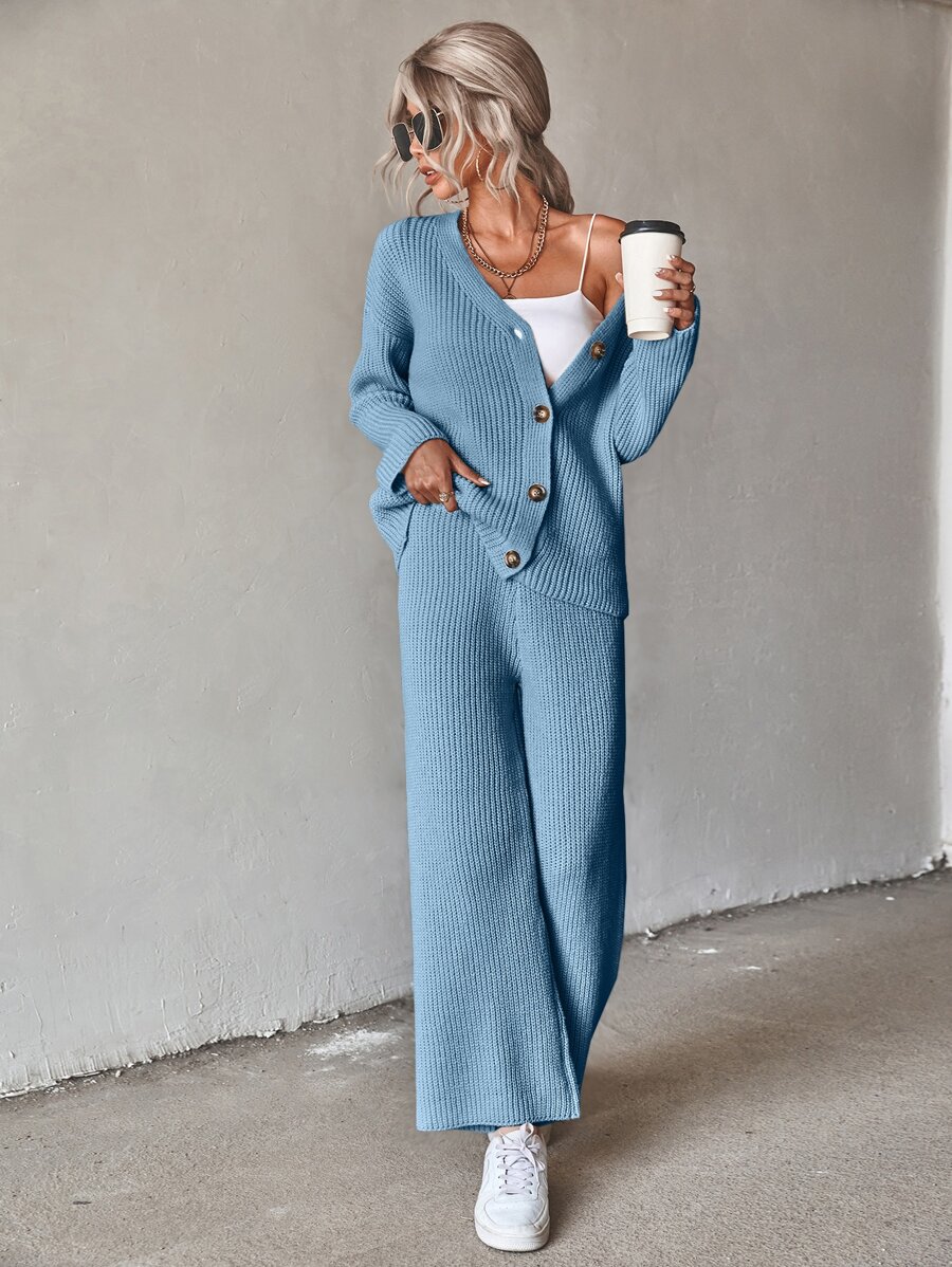 SHEIN Essnce Cárdigan de hombros caídos & Pantalones tejido de canalé - Neblina azul - Ver 1