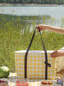 1pc High Capacity Non-woven Fabric Lunch Bag,Boho Gingham Portable Reusable Lunch Bag For Office Work School Picnic Beach - Yellow - View 2