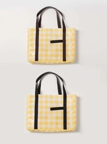 1pc High Capacity Non-woven Fabric Lunch Bag,Boho Gingham Portable Reusable Lunch Bag For Office Work School Picnic Beach - Yellow - View 4