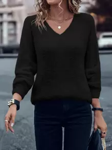 SHEIN LUNE Solid Batwing Sleeve V Neck Jumper - Black - View 1