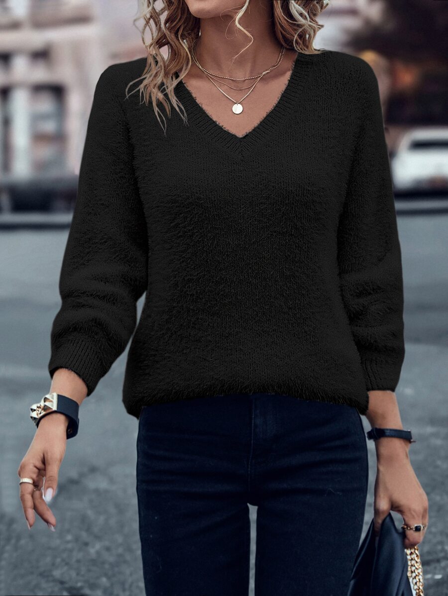 SHEIN LUNE Solid Batwing Sleeve V Neck Jumper - Black - View 1