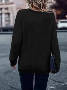 SHEIN LUNE Solid Batwing Sleeve V Neck Jumper - Black - View 2