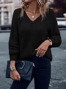 SHEIN LUNE Solid Batwing Sleeve V Neck Jumper - Black - View 3