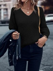 SHEIN LUNE Solid Batwing Sleeve V Neck Jumper - Black - View 4