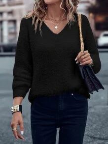 SHEIN LUNE Solid Batwing Sleeve V Neck Jumper - Black - View 5