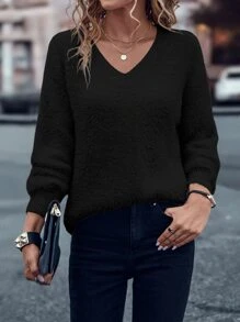 SHEIN LUNE Solid Batwing Sleeve V Neck Jumper - Black - View 6