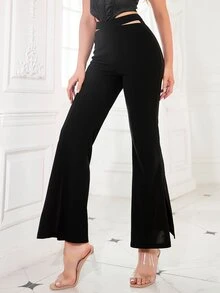 D&M Cut Out Waist Flare Leg Trousers - Black - View 5