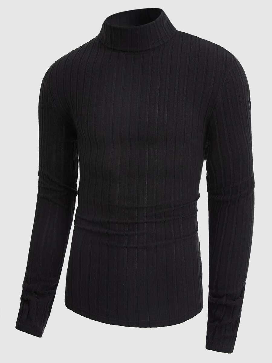 Manfinity BRENVOR 男士罗纹高领纯色T恤，夏季、秋季，长袖上衣